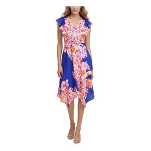 KENSIE DRESSES Womens Blue Asymmetrical-hem Flutter Sleeve Midi Dress 2